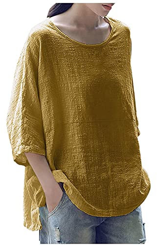 Summer Tops for Women UK Sale 3/4 Sleeve Cotton Linen Solid Crew Neck Ladies Tops Casual Loose Three Quarter Sleeve Tunic T Shirt Plus Size Elegant Blouse Shirts UK 8-18 Yellow