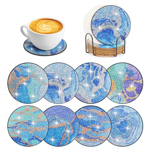 LWMTT 8 Pièces DIY Diamant Peinture Dessous de Verre avec Support sous Verre Diamant Réutilisables Kits sous-Verres Art de Diamant avec des Outils aux Débutants Adultes et Enfants
