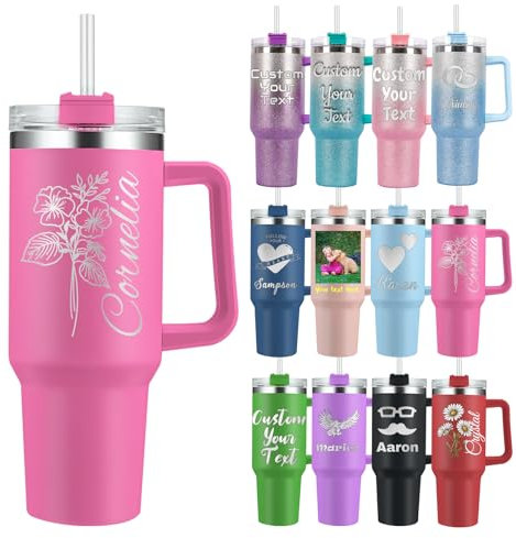 Thermobecher Personalisierter mit Henkel und Strohhalm 1200ml Becher mit Namen, Logo, Geburtsblume und Text Personalisierte Geschenke für Männer und Frauen Vatertagsgeschenk Muttertagsgeschenke