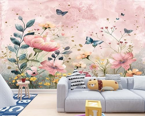 3D Papier Peint Panoramique Tapisserie Intissé Murales Plante Feuilles Floral Papillon 400x280 cm, Papier Peint Enfant pour Salon Chambre Décoration Murale, Papier Peint Chambre Enfant