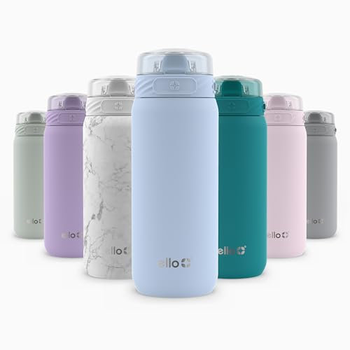 Ello Cooper 18oz Stainless Steel Water Bottle with Straw and Carry Handle, Double Walled and Vacuum Insulated Metal, Leak Proof Locking Lid with Soft Silicone Spout, Reusable, BPA Free, Halogen Blue