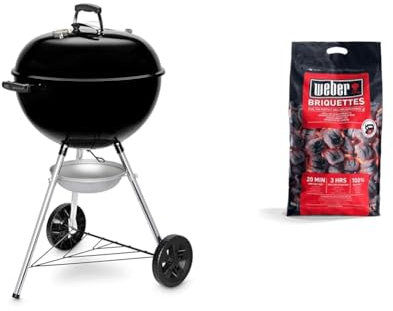 Weber Barbecue à Charbon Original Kettle 57cm - Barbecue E-5710 à Couvercle, Thermomètre, Trépied & Briquettes de Charbon - Sac 8 kg - Charbon de Bois pour Barbecues Weber - Combustible BBQ