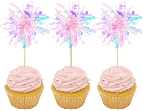 Xsstarmi 30 Pack Happy Birthday Firework Cupcake Toppers Sparkle Tinsel Drink Stirrers Flowers Cake Decoration Cocktail Food Fruit Toothpick for Wedding Graduation Party Decorations
