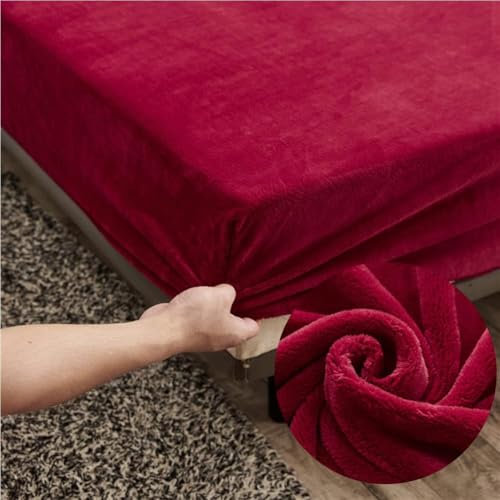Samt Spannbettlaken 180x200 cm Warm Winter Frottee Spannbetttücher, Highdi Microfleece Flausch Weinrot Spannbetttuch 180 x 200 Boxspringbett Bettlaken für Hohe Matratze Steghöhe 25-30cm