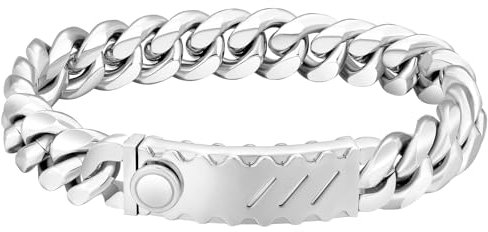 KRKC&CO 12mm Herren Armband mit Rechteck Verschluss, Panzerarmband mit Beschichtung, breite dicke Edelstahl Cuban Armband, Hip Hop Wikinger Biker Schmuck Geschenk für Männer Jungs [Länge 17,8cm]