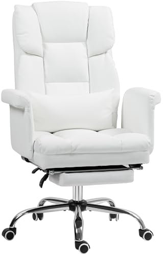 HOMCOM Bürostuhl, Ergonomisch Schreibtischstuhl mit Liegefunktion, Lendenkissen, Höhenverstellbar Computerstuhl mit Fußstütze, Drehfunktion, für Home-Office, Kunstleder, Weiß