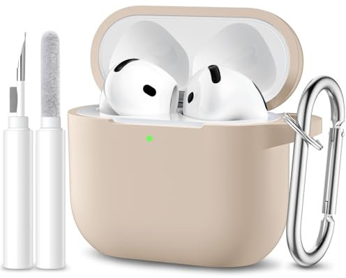 Maledan Coque Compatible avec AirPods 4 Case 2024, Étui Protection Antichoc en Silicone Souple pour Apple AirPods 4ème Generation Housse avec kit de Nettoyage et Mousqueton [LED Visible], thé lacté