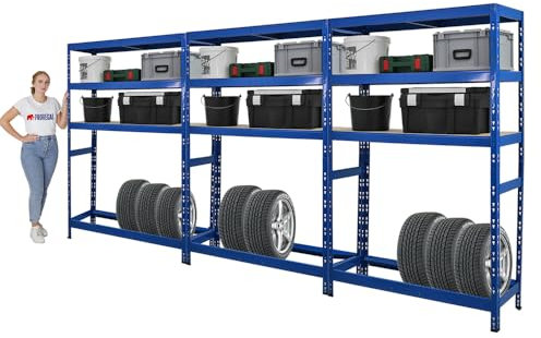 PROREGAL Mega Deal | 3X Reifenregal Tiger | HxBxT 180x120x40 cm | bis zu 6 Reifen auf 1 Ebene | mit 3 Fachboden | Blau | Reifenständer Garagenregal