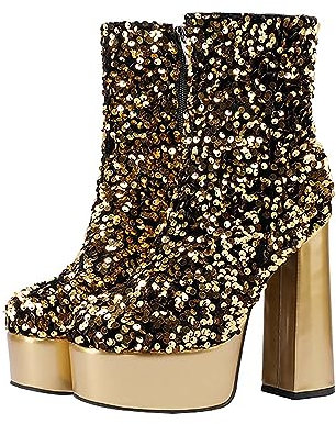 Scarpe da donna con paillettes alla moda stivali corti piattaforma paillettes tacco alto grosso stivali corti tacco medio polpaccio stivali tacchi alti stivali, Oro, 40 EU