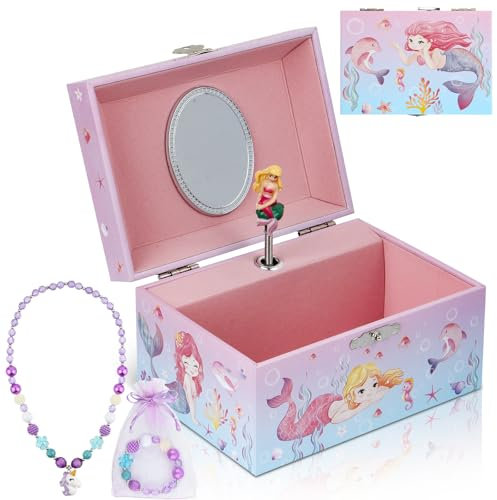 hombrima Musik-Schmuckkästchen mit Halskette, Armband, Musik-Schmuck-Aufbewahrungsbox mit drehender Ballerina, Geschenk-Set für Kinder, Mädchen, Kinder, Tochter (Rosa-Mermaid)