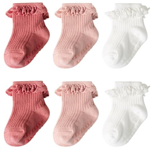 DRESHOW Säugling Rüschen Spitze Socken Baby Mädchen Socken Rutschfeste Schlichte Gerüschte Baby Söckchen Neugeborene Knöchel Kleid Taufe Socken