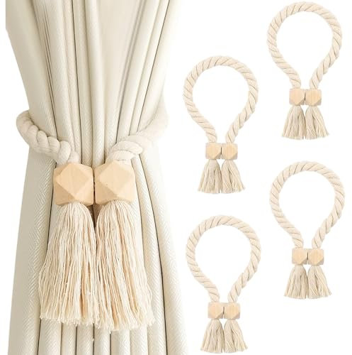 Senchinner 4 Stück Magnetische Vorhang Raffhalter, Gardinenhalter aus Holz Boho-Stil, Vorhanghalter mit Baumwollseil, Gardinenraffer für Home & Büro, Dekorative Raffhalter für Vorhänge,beige