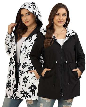 Toplop Veste de pluie pour femme - Grandes tailles - Réversible - Coupe-vent - Imperméable - Avec capuche - Pour le sport et l'extérieur, Noir , 54 grande taille