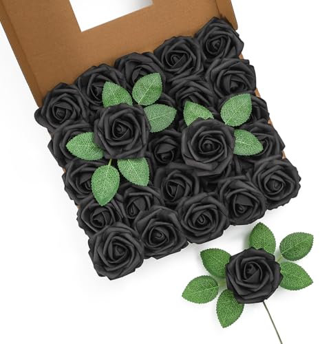 LEUCHTAMOR 25 rose artificiali nere finte in schiuma realistica al tatto, per bouquet da sposa, centrotavola, composizione floreale, decorazione per la casa