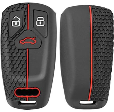 Happyit Silikon Autoschlüsselanhänger Hülle für Audi A4 B9 A5 A6 8S 8W Q5 Q7 4M S4 S5 S7 TT TTS TFSI RS 3 Tasten (Schwarz+rote Linie)