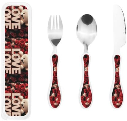 Big Kids Besteckset Löffel, Messer und Gabel Sets Kinder Bestecksets Lebensmittelecht Edelstahl (Little Bear Doll Rose)