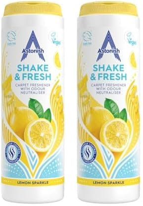 Astonish Shake & Fresh Carpet Freshener, Eliminates Odours, Lemon Sparkle, 350g (Pack of 2)