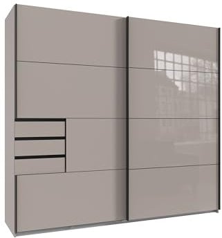 möbelando Schwebetürenschrank >Saigon< mit 2 Türen, Saharagrau + Glas Saharagrau, B/H/T 225/208/64 cm, mit 3 Schubladen, 2 großen und 2 kleinen Einlegeböden, 1 Kleiderstange