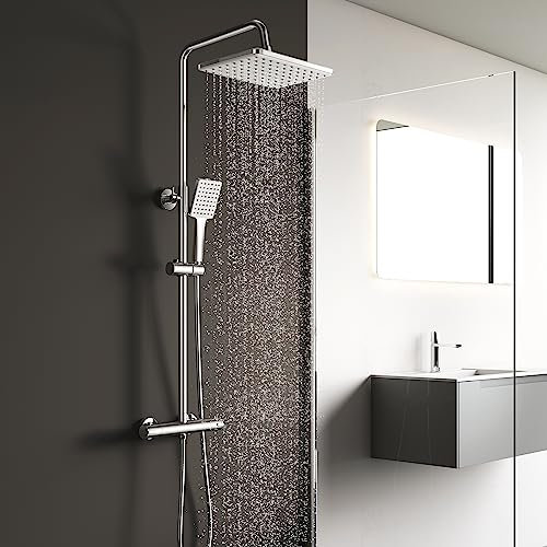 KOMIRO Colonne de Douche Thermostatique, Colonne de Douche avec Mitigeur, Hauteur Réglable, 26 x 19 cm Douche de Tête, Ensemble de Douche pour Salle de Bain, Carré, Chromé (style1)
