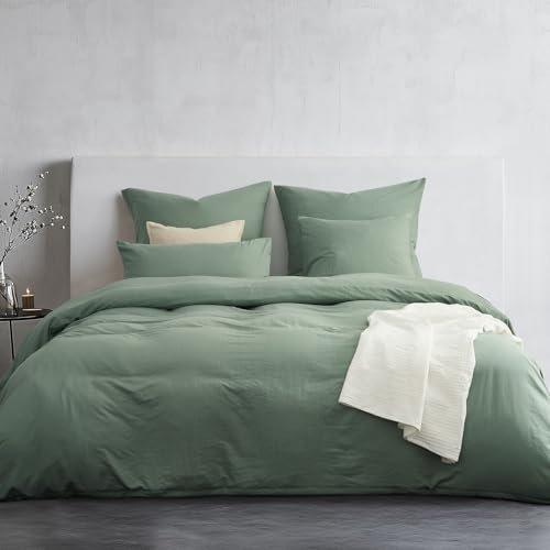 Duvetnova Housse de Couette 220x240 Adulte Vert Aesthetic Ultra Doux Microfibre avec Finition Lavage Oeko-TEX Parure de lit Vert Sauge - Housse de Couette 220x240 + 2 Taies d'oreiller 65x65