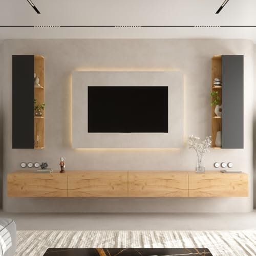 Planetmöbel Mueble de televisión, Mesa para TV de 320 cm de Largo, 2X armarios de televisión suspendidos de 40x130x17 cm para el salón, 2X Muebles Bajos de 160x30x37,8 cm, Roble Dorado