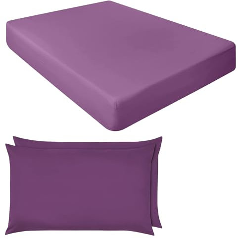 NIYS Luxury Bedding Finest 100% Egyptian Cotton 10/25CM Fitted Sheets in 15 Colours (Purple/Aubergine, Double + pillow case pair)