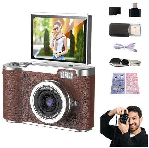 4K Foldable Screen Student Camera, Point and Shoot Digital Cameras with 32GB TF Card, Portable Camera FHD 48MP 4K Digital Camera with 8X Zoom Anti-Shake with Flip Screen (Brown, Camera Kit)