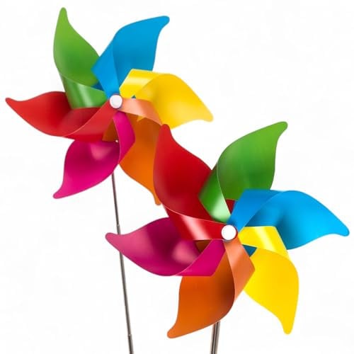 MIJOMA Windmühlen 2er-Set – Bunte Garten-Deko, Windrad aus Kunststoff mit ausziehbarem Metallstab (27–61 cm), wetterfest für Balkon & Garten