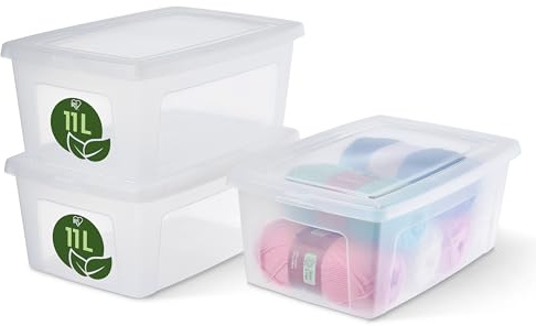 Iris Ohyama, Mehrzweck-Aufbewahrungsbox, 11L, 3er-Set, Einfacher Verschluss, Stapelbar, Transparenter Recycelter Kunststoff, für Schrank, Regale, Schule, Spielzeug, Schreibwaren, Schuhe, MCB-11