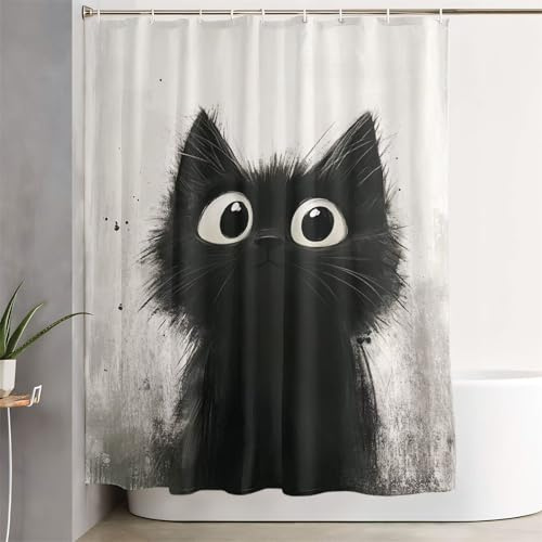 Rideau Douche Noir Rideau de Douche Anti Moisissure Chat 80x200 cm avec Ourlet Lesté et 12 Crochets, Lavable - Imperméable - Séchage Rapide Shower Curtain pour Salle de Bain et Baignoire 2Y-46