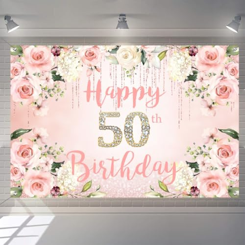 50th Birthday Decoration for Women, 50 Years Old Fabric Sign Poster Background Backdrop Banner, 50th Birthday Party Wall Decoration Welcome Sign Watercolor Flowers, 150 cm x 90 cm