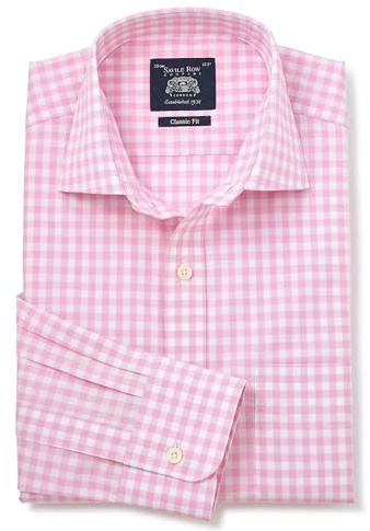 THE SAVILE ROW COMPANY LONDON Men's Classic Fit Poplin Single Cuff Formal Shirt, Pink Gingham, 17