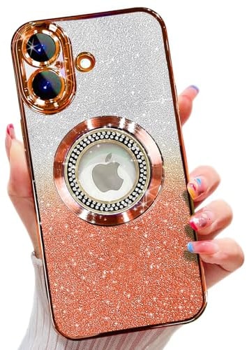 Misscase für iPhone 17 Hülle, kompatibel mit MagSafe, mit Kameraschutz, Glitzer TPU Handyhülle Stoßfest Kratzfest, Niedliche Phone Case für Frauen und Mädchen Orange