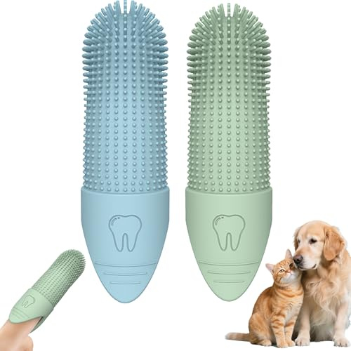 2Pcs Dog Cat Finger Toothbrush, Soft Silicone dog teeth cleaning, Toothbrush Plaque Off, 360°Bristles No blind spots, Gentle Pet Teeth Cleaning for Puppies, Tartar Removal, Bad Breath with Storage Box