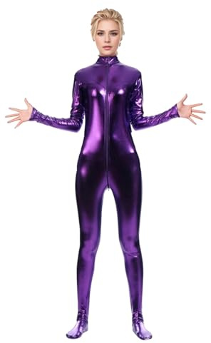 Langärmeliger Body für Damen Turnanzug Gymnastikbody Shiny Metallic Unitard Catsuit Ganzkörperanzug Einteiler Jumpsuit