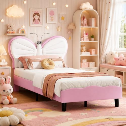 OLIVIBED Kinderbett 90x200, Mädchenbett mit Lattenrost, Polsterbett mit Verstellbares Kopfteil in Schmetterlingsform, Einzelbett für Mädchen, Ohne Matratze, Flanell, Rosa