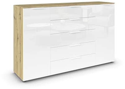 Rauch Möbel Flipp, Kommode, Farbe Glas Weiß/Eiche Artisan, Breite 160 cm | Sideboard, 2-türig, 5 Schubladen, Glasfront, Soft-Close-Funktion, für Schlafzimmer, Gästezimmer, Wohnzimmer, Garderobe, Flur