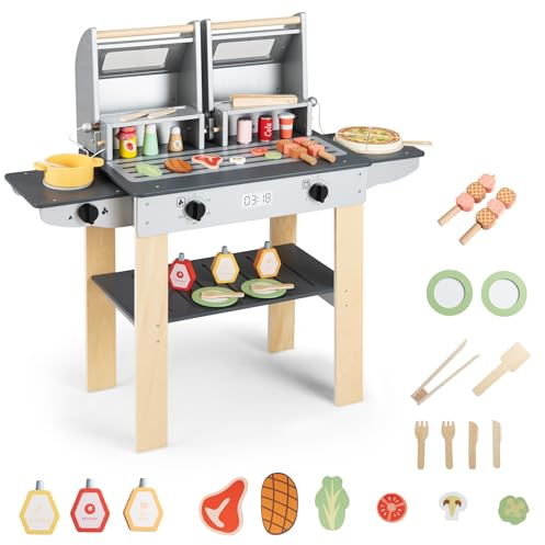 COSTWAY Barbecue Enfant en Bois avec 19 Accessoires | Ustensiles et Aliments Factices, Couvercles Rabattables, Jouet Barbecue Grill pour Garçons Filles de 3 Ans+