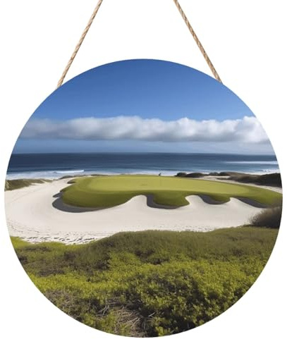 Beach Golf Course 12 Inch Round Wood Sign Wall Decor, Rustic Wooden Hanging Door Sign with Rope for Home Farmhouse