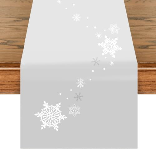 khevga Küchentextilien - Tischläufer Weihnachten grau Silber 40 x 140 Schneeflocken