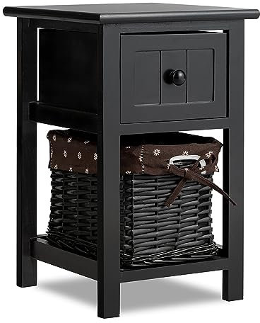 COSTWAY Nachttisch mit Korb und Schublade, Kleiner Nachtkonsole aus Holz, Nachtschrank, Nachtkommode, Beistelltisch, 28 x 31 x 45 cm (1, Schwarz, 28 x 31 x 45 cm)