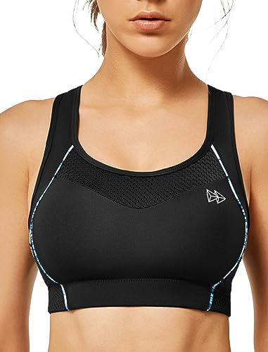 Yvette Damen Sport BH Starker Halt Große Brüste Bra Ringerrücken Bügellos Gepolstert Bustier für Fitness Joggen Yoga, Schwarz,S Große Größen