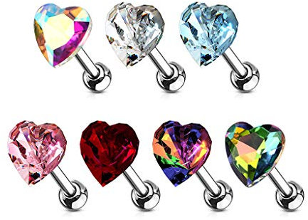 beyoutifulthings 7 Knorpel Ohr-stecker Kristall-Herz viele Farben Cartilage Labret Piercing-s Tragus Labret Edelstahl Schraub-Verschluss