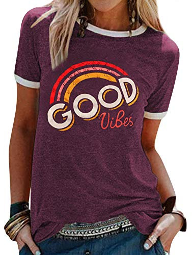 WIEIYM Damen Good Vibes T-Shirt Kurzarm Rundhals Regenbogen T Shirts Sommer Oberteil Frauen Lässig Bluse Sport Tops(Lila,M)