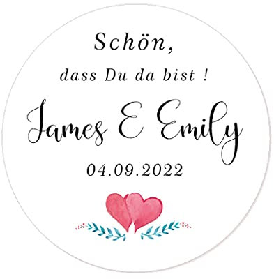 48 Stück personalisiert Aquarell Herz Hochzeitssticker - Schön, dass Du da bist! Aufkleber - 4 cm Runde Papieraufkleber Etiketten für Hochzeit,Gastgeschenk,Tischdeko,Flaschen,Tüten - Rd 108-005