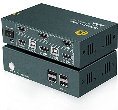 GREATHTEK HDMI KVM Switch Dual Monitor 2 Port 4K@60Hz, USB 2.0, KVM-Switches HDMI 2.0, HDCP2.2, Hotkey Switch, 2 PC 2 Monitor Switch, mit Kabel