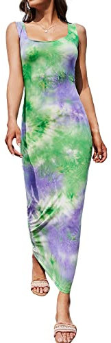 Vestito lungo da spiaggia estivo da donna con temperamento estivo a colori misti senza maniche aderente Maxi Tank Dress, Colore: viola e verde., M