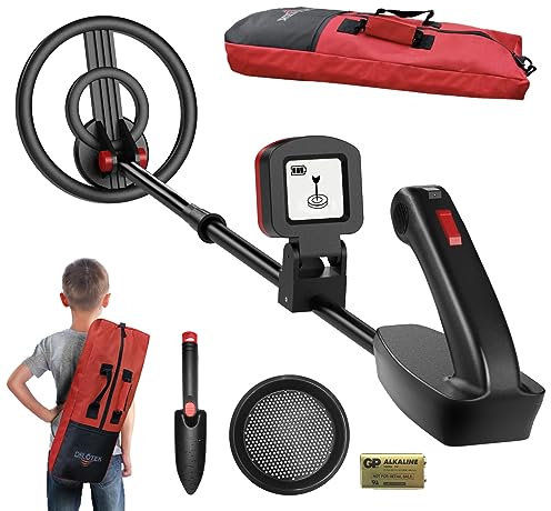 DR.ÖTEK Metal detector per bambini, rilevatore di metallo impermeabile per bambini con display LCD, stelo regolabile, pala e setaccio e grande borsa per il trasporto, per età 3-10 anni