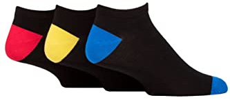 SockShop Wildfeet Mens Bamboo Trainer Socks Pack of 3 Black Blue/Yellow/Red Heel & Toe 7-11