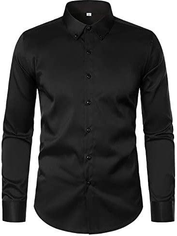 HOOD CREW Men's Long Sleeve Dress Shirt Solid Slim Fit Casual Business Button Shirts Comfort Top Black